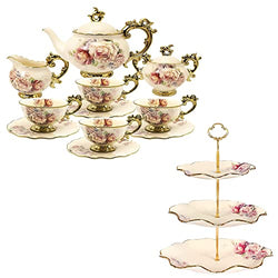 fanquare Vintage Porcelain Tea Set for 6, 3 Tier Porcelain Cupcake Stand, Complementary China Tea Party Set for Wedding