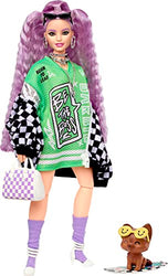 Barbie Dolls and Accessories Barbie Extra Doll with Crimped Lavender Hair and Pet Puppy Checkered Jacket Toys and Gifts for Kids