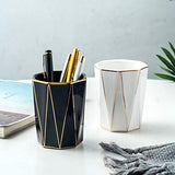 YOSCO Ceramic Cute Geometric Pen Holder With Gold Line Stand Pencil Cup Pot Desk Organizer Makeup Brush Holder (White)