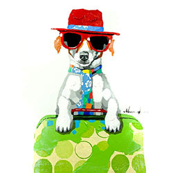 Bignut Wall Art 100% Hand Painted Red Hat Dog Modern Vertical Picture for Room Wall Decor Funny Animal Artwork Cool Home Canvas Oil Painting Ready to Hang 24x36in