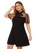 Romwe Women's Plus Size Contrast Mesh Short Sleeve Bow Tie Neck A-Line Party Dress Black 2X