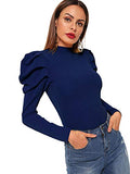 Romwe Women's Elegant Mock Neck Keyhole Back Leg-of-Mutton Long Sleeve Blouse (X-Large, Blue)