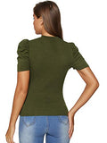 Romwe Women's Elegant Pearl Embellished Puff Short Sleeve Embroidered Blouse Tops (Large, Army Green)