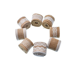 RayLineDo 8Pcs Natural Burlap Ribbon Rolls with White Laces for DIY Handmade Christmas Gift Wedding
