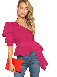 Romwe Women's One Shoulder Short Puff Sleeve Self Belted Solid Blouse Top Pure-red Large