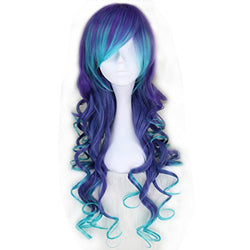 Missuhair Long Curly Gradient Wig - Vibrant Ombre Blue Purple Party Cosplay Costume Wig Halloween