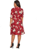 Romwe Women's Plus Size Elegant Floral Print Fit and Flare A Line Midi Dress Red 0X Plus