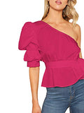 Romwe Women's One Shoulder Short Puff Sleeve Self Belted Solid Blouse Top Pure-red Large