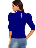 Romwe Women's Puff Half Sleeve Mock Neck Keyhole Back Slim Fit Blouse Tops Blue L
