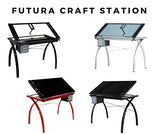 Studio Designs Futura Modern Metal and Glass Hobby, Craft, Drawing, Drafting Table, Desk with 38''W x 24''D Angle Adjustable Top in Silver / Blue Glass