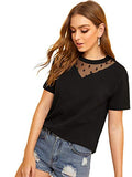 Romwe Women's Contrast Mesh Short Sleeve Summer Top T-Shirt Black US 8-10/Large