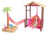 Barbie Chelsea Doll and Tiki Hut Playset with 6-Inch Blonde Doll, Hut with Swing, Hammock, Moldable Sand, 4 Molds and 4 Storytelling Pieces, Gift for 3 to 7 Year Olds