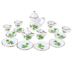 1:12 Miniature Dollhouse Tea Cup Set Pack of 15 PCS Porcelain Tea Cup Dish Pot Mini Shamrocks Tea Set Dollhouse Accessory (Green)