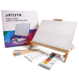 Desk Easel with Acrylic Paints - Table Top Adjustable Wooden Desktop Easel, 12 Tubes, Canvas, Paintbrushes & Palette for Painting, Sketching and Drawing Supplies