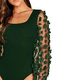 Romwe Women's Elegant Square Neck Floral Applique Mesh Sleeve Bodysuit Jumpsuit Green XS