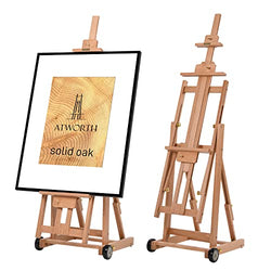 ATWORTH Deluxe Solid Oak Wood Multi-Function Artist Studio Floor Easel Stand with Wheels,Large Adjustable Convertible Tilting H-Frame Wooden Painting Easel, Hold Canvas up to 78"