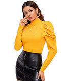 Romwe Women's Puff Long Sleeve Mock Neck Pearls Slim Fit Blouse Tops Yellow Medium