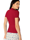 SheIn Women's Cute Mock Neck Short Sleeve T Shirts Lettuce Trim Juniors Tee Tops Red Large