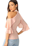 Romwe Women's Cute Cold Shoulder Ruffle Half Sleeve Slim Fit Blouse Tops Pink X-Small