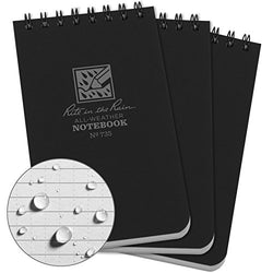 Rite in the Rain Weatherproof Top-Spiral Notebook, 3" x 5", Black Cover, Universal Pattern, 3 Pack (No. 735-3)