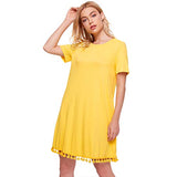 Romwe Women's Summer Short Sleeve Pocket Tassel Hem Loose Tunic T-Shirt Dress Yellow S