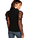 Romwe Women's Mesh Puff Sleeve High Neck Slim Fit Party Blouse Top Black Medium