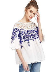 Romwe Women's Cold Shoulder Floral Embroidered Lace Scalloped Hem Blouse Top White Blue L
