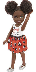 Barbie Chelsea Doll (6-inch Brunette) Wearing Skirt with Heart Print and Metallic Shoes, Gift for 3 to 7 Year Olds