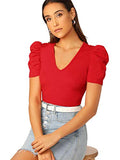 Romwe Women's Elegant Short Puff Sleeve Knit Summer V-Neck T-Shirt Tops Red Large