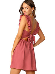 Romwe Women's Cute Tie Back Ruffle Strap A Line Fit and Flare Flowy Short Dress Brick-red S