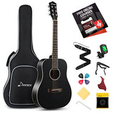 Donner 36'' Dreadnought Acoustic Guitar 3/4 Size Black Guitar Bundle Package Kit for Beginner Adult Travel, Spruce Wood With Gig Bag Capo Tuner Strap String Guitar Picks DAG-1MB