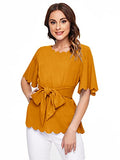 Romwe Women's Bow Self Tie Scalloped Cut Out Short Sleeve Elegant Office Work Tunic Blouse Top Burnt Orange L