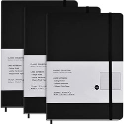 3 Pack College Ruled Composition Notebooks Classic Hardcover Leatherette Lined Journals B5 Notebooks for Office Home School Business, 10.2" x 7.5", 100GSM Thick Paper, 160 Pages (Black)