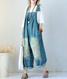 YESNO P91 Women Strap Rompers Jumpsuits Denim Casual Bib Pants Embroidery Distressed Boyfriend Wide Leg (L, P91Typ1 Blue)