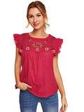 Romwe Women's Sleeveless Floral Embroidery Ruffle Summer Boho Blouse Top Red L