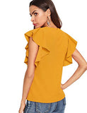 Romwe Women's Stretchy Flutter Sleeve Slim Solid Elegant Blouse Top Yellow S