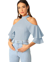 Romwe Women's Cute Cold Shoulder Ruffle Half Sleeve Slim Fit Blouse Tops Blue Medium