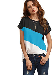Romwe Women's Color Block Blouse Short Sleeve Casual Tee Shirts Tunic Tops Sky Blue XL