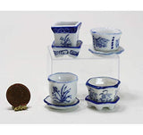 artisan hand made Dollhouse Miniature Set of 4 Blue and White Ceramic Flower Pots with Saucers