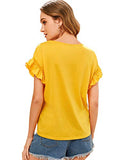 Romwe Women's Short Sleeve Round Neck Contrast Lace Ruffle Trim Cotton Summer Blouse Top Yellow L