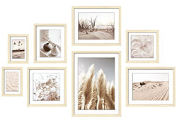 ArtbyHannah 8 Pack Natural Color Gallery Wall Frame Set with Pampas Grass and Desert Prints Wood Picture Frame Collage Sets for Wall Art or Home Decoration,Multi Size 11x14"x1-10x10"x1-8x8"x1-12x9.5"x2-8x10"x1-5x7"x2