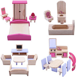 Wooden Doll Furniture,Doll House Furniture Bathroom, kitchen, Bedroom, Living room，Wooden Dollhouse Furniture Set for Pretend Games, Doll House Decoration, And Intellectual Development