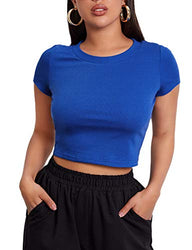 Romwe Women's Casual Rib Knit Short Sleeve Crop Top Tee T-Shirt Royal Blue M
