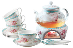 Jusalpha Fine China Tea Sets Vintage Rose Flower Series Coffee Cup-Teacup Saucer Spoon Set with Teapot Warmer & Filter (Rose Glass pot 03)