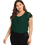 Romwe Women's Plus Size Short Sleeve Lace Hollow Round Neck Elegant Blouse Deep Green 2X Plus