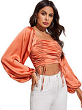 Romwe Women's Sexy Shirred Square Neck Lantern Long Sleeve Crop Blouse Top Orange X-Small