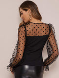 Romwe Women's Elegant Mesh Flounce Long Sleeve Polka Dots V-Neck Slim Fit Blouse Top Tee Black#1 Small