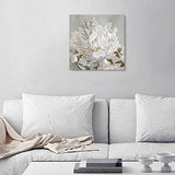 Goldfoilart Floral Wall Art Modern Abstract White Blooming Flower Picture with Gold Foil Artwork for Home Kitchen Living Room Bedroom Décor 24" x 24"