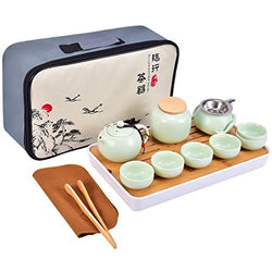 Ceramic Portable Travel Tea Set Chinese Kungfu Tea Set Handmade Ceramic Teapot Set with 6 Tea Cups, Tea Canister,Tea Strainer, Bamboo Tea Tray and Travel Bag (Cyan)