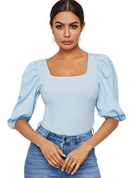 Romwe Women's Casual Puff Sleeve Square Neck Slim Fit Crop Tee Tops Blouse Blue Large